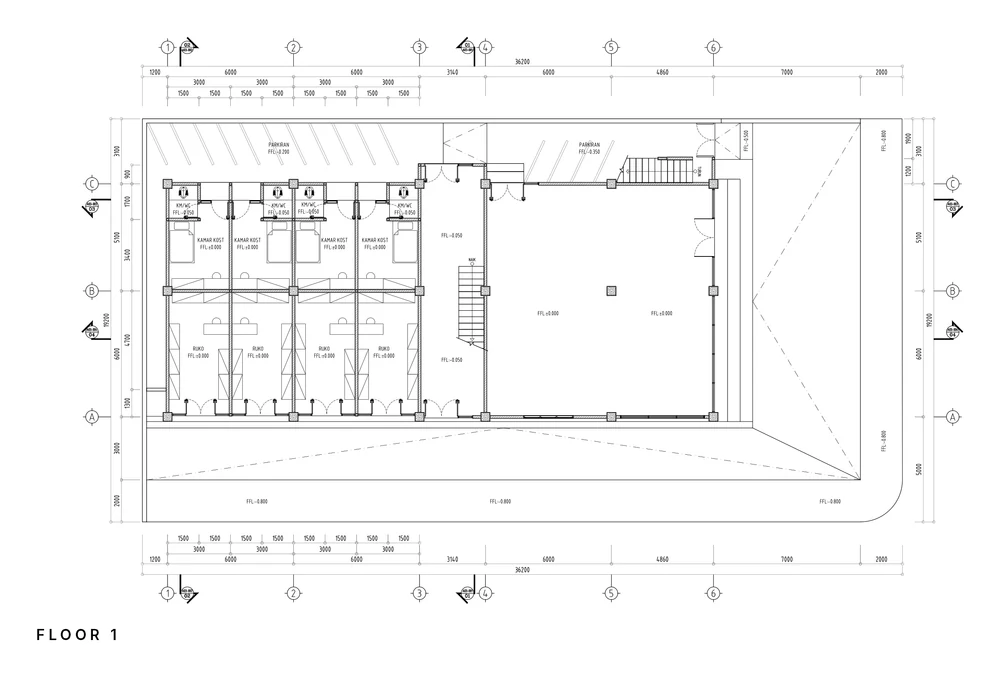 Floor 1 plan: shop units, boarding rooms and the open hall