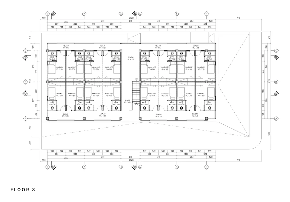 Floor 3 plan: boarding rooms on both sides of the central stair