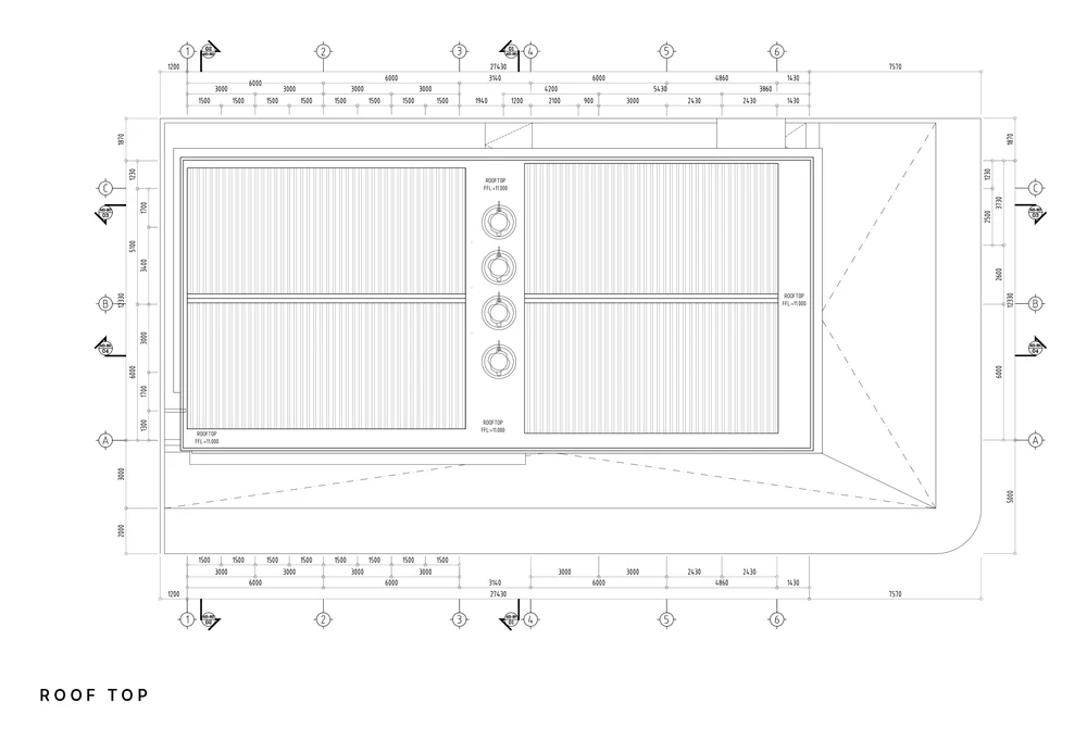 Roof plan, with the water tanks above the central stair