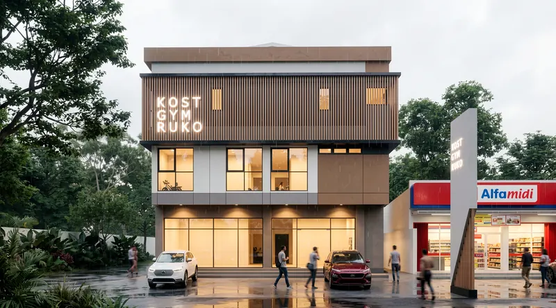 The street end: glazed shopfronts, white-framed windows and the timber-slatted top floor