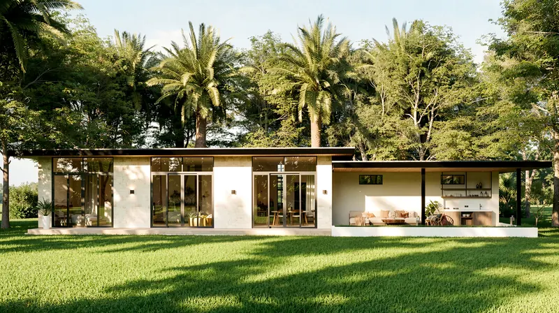 The villa from the garden, the glass front open to the lawn