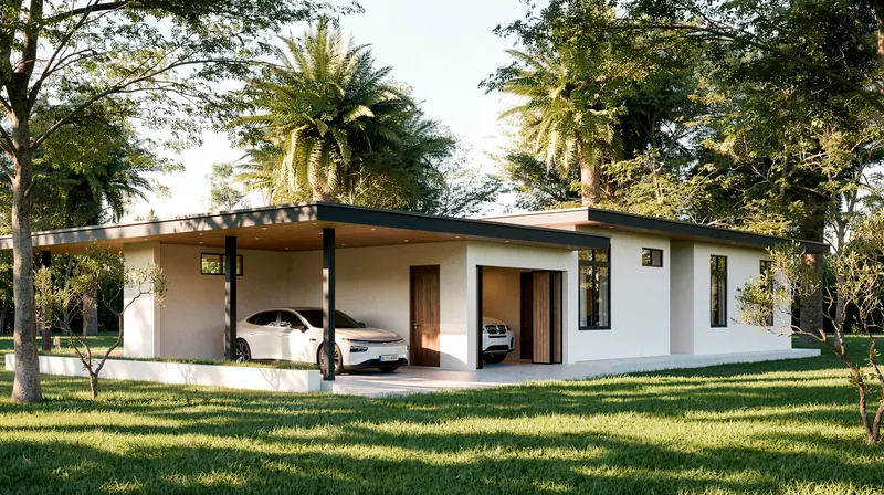 The carport side with the long flat roof