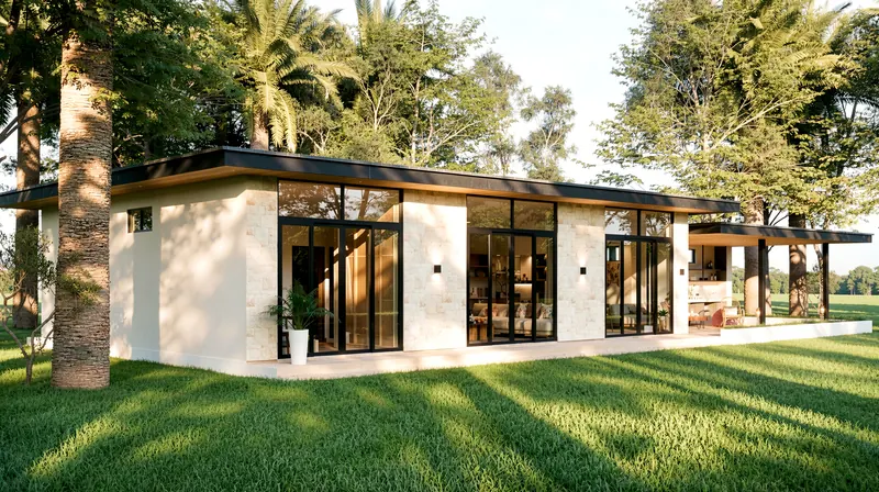 The corner of the villa with its floor-to-ceiling glass