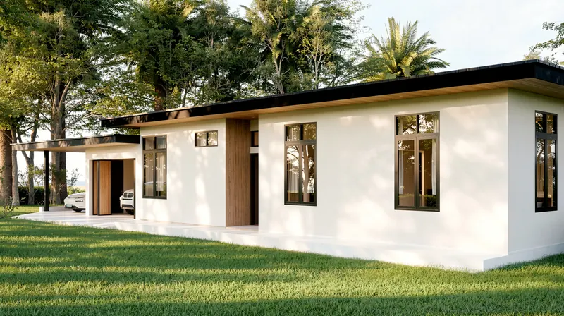 The white side walls under the dark roof edge