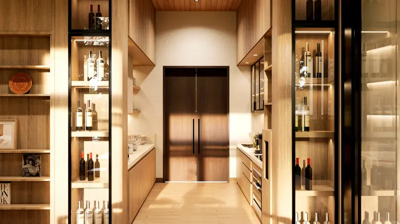 Hall with glass display cabinets and a double door