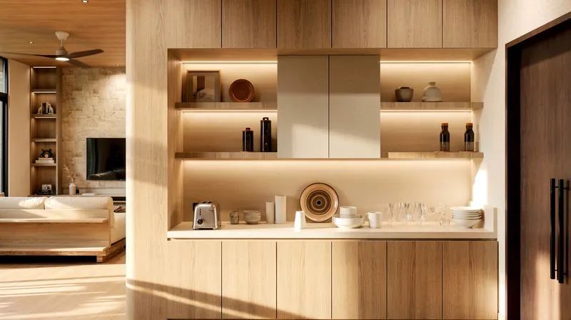 Kitchen wall with lit open shelves