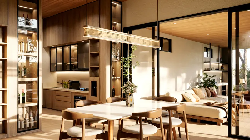 Dining table under a linear pendant light