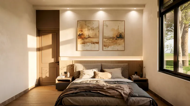 Bedroom with two paintings above the bed
