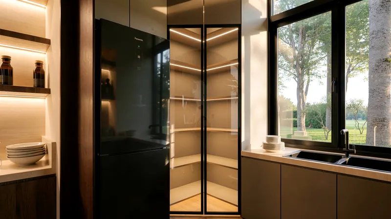 Kitchen with a lit glass cabinet