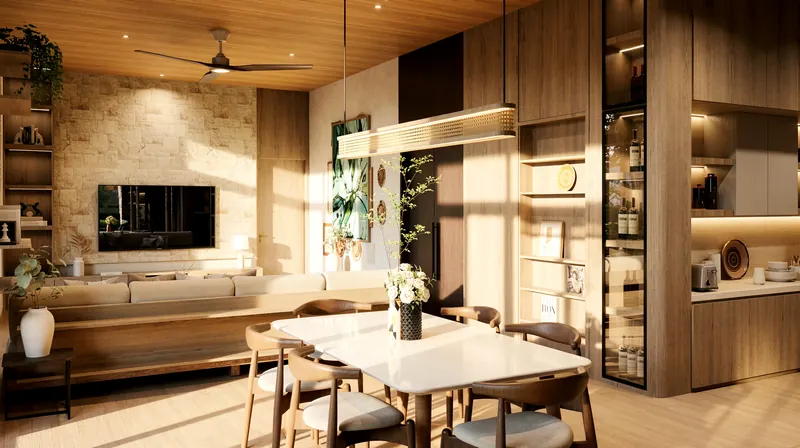 Dining area beside the stone TV wall