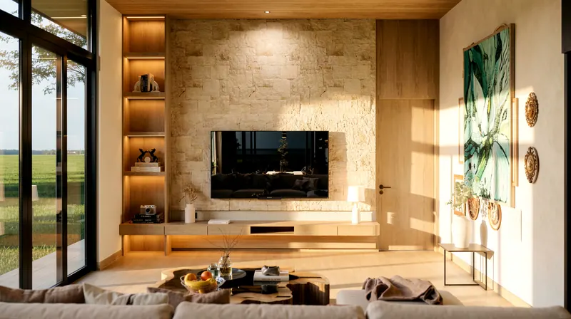 Stone-clad TV wall in the living room