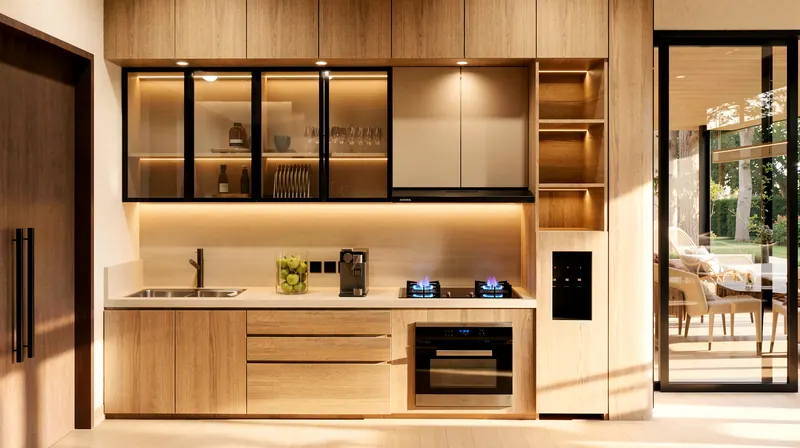 Kitchen with glass-fronted wall cabinets