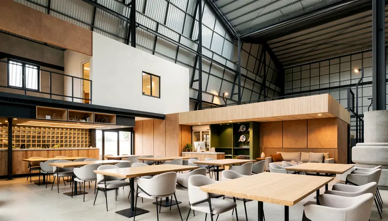 The clubhouse volume and its mezzanine above the café