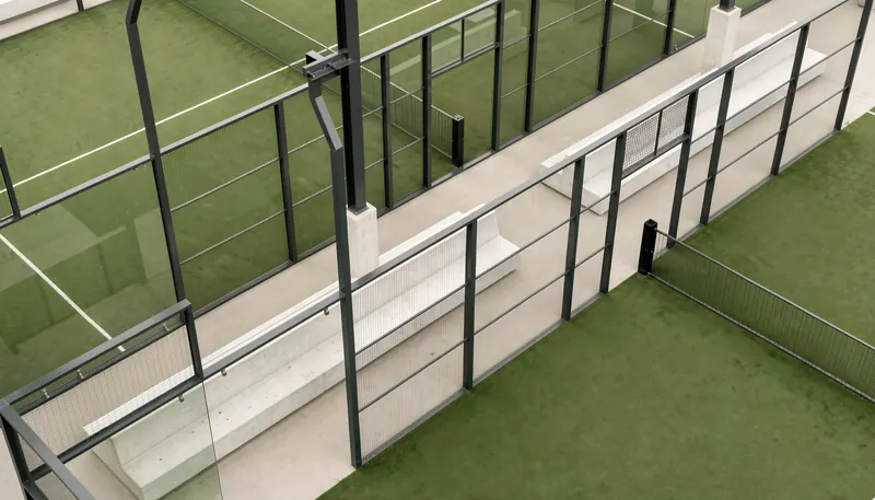The courts from above: glass walls, green turf and the walkway between them