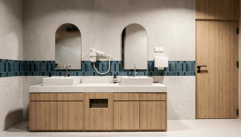 Washroom vanity with arched mirrors and a blue tile band
